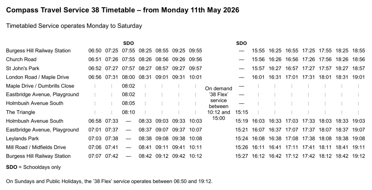 Compass Travel Service 38 Timetable – from Monday 11th May 2026