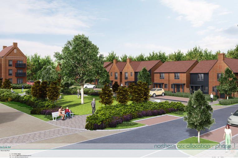 An image of a street scene showing houses and green space