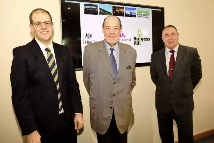 Councillor Jonathan Ash-Edwards, MP Sir Nicholas Soames and leader of MSDC Garry Wall
